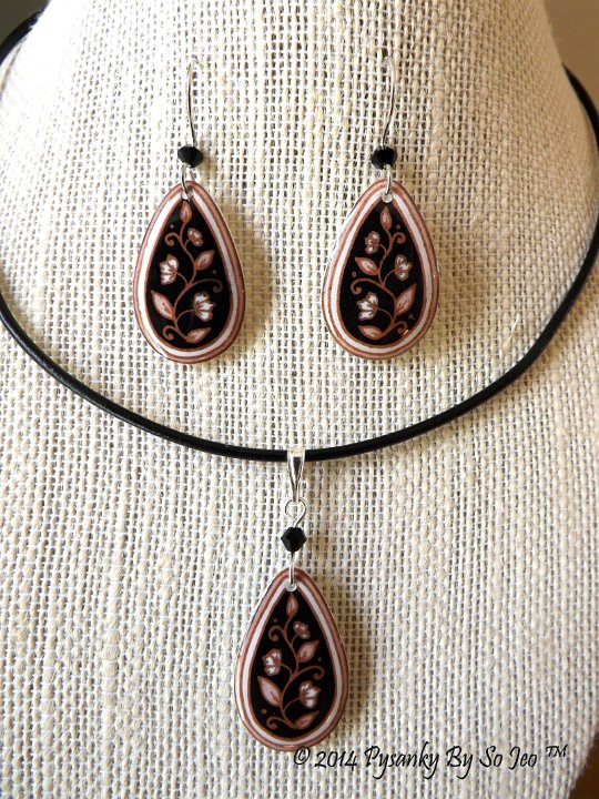 Black Spring Vines Teardrop Earrings and Matching Necklace Pysanky Jewelry by So Jeo